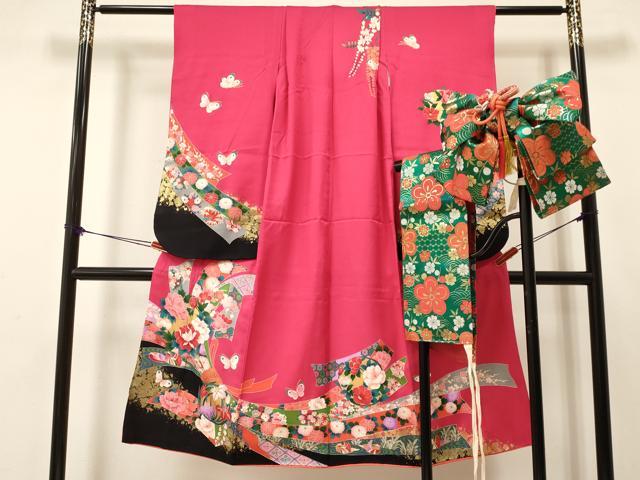 平和屋着物[]七五三　女の子　７歳　祝着　四つ身　つけ帯セット　束ね熨斗鴛鴦花蝶文　金彩　逸品　DAAW2845ma