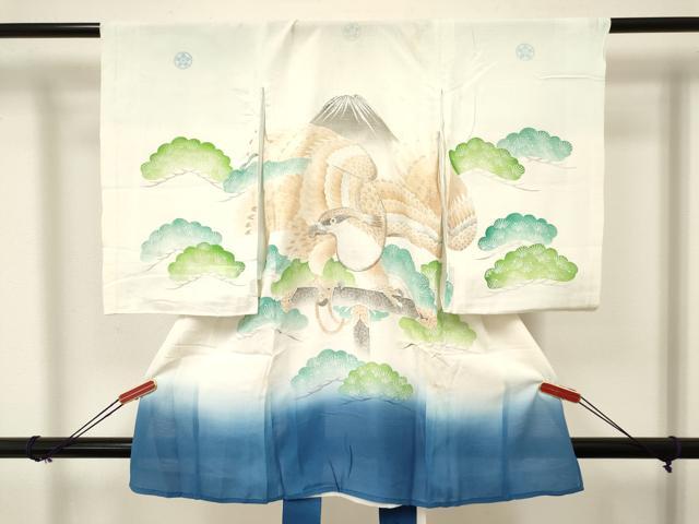 平和屋着物＊夏物　お宮参り　男の子　祝着　産着　初着　のしめ　絽　刺繍　鳶　松文　暈し染め　銀糸　逸品　DAAW2919ma