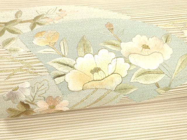 平和屋着物＊夏物　絽綴れ　八寸名古屋帯　刺繍　地紙草花文　金糸　正絹　逸品　DAAW4194cm 平和屋着物＊夏物 絽綴れ 八寸名古屋帯 刺繍 地紙草花文 金糸 正絹