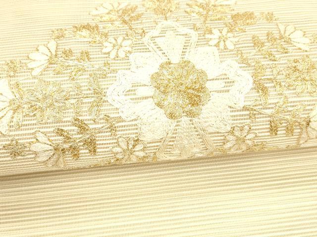 平和屋着物＊夏物　絽綴れ　八寸名古屋帯　駒刺繍　総刺繍　草花文　正絹　逸品　DAAW4200cm 平和屋着物＊夏物 絽綴れ 八寸名古屋帯 駒刺繍 総刺繍 草花