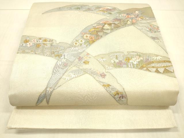 平和屋着物＊夏物　太鼓柄袋帯　刺繍　雪芝風景文　金糸　正絹　逸品　DAAW4202cm