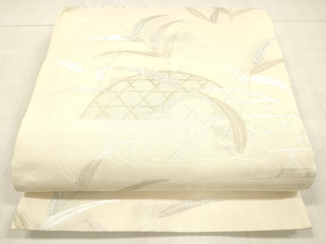 平和屋着物＊夏物　六通柄袋帯　流水籬草花文　銀糸　正絹　逸品　DAAW4219cm