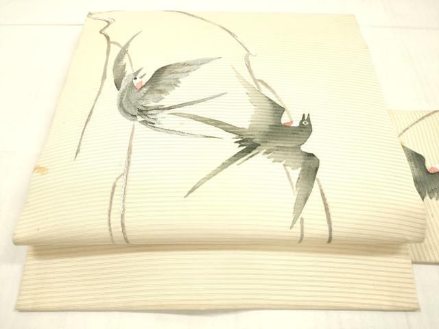 平和屋着物＊セミアンティーク　夏物　絽塩瀬　九寸名古屋帯　刺繍　燕　銀糸　正絹　逸品　DAAW4220cm