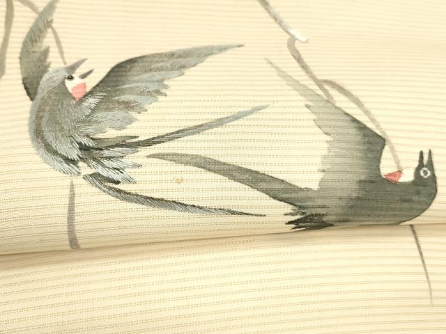 平和屋着物＊セミアンティーク　夏物　絽塩瀬　九寸名古屋帯　刺繍　燕　銀糸　正絹　逸品　DAAW4220cm 平和屋着物＊セミアンティーク 夏物 絽塩瀬 九寸名古屋帯 刺繍 燕 銀糸