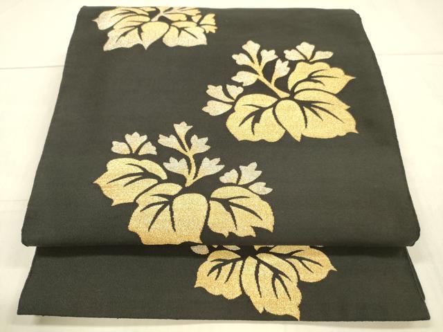平和屋着物●爪掻き本綴れ　八寸名古屋帯　草花文　黒地　金糸　正絹　逸品　DAAW4268cm