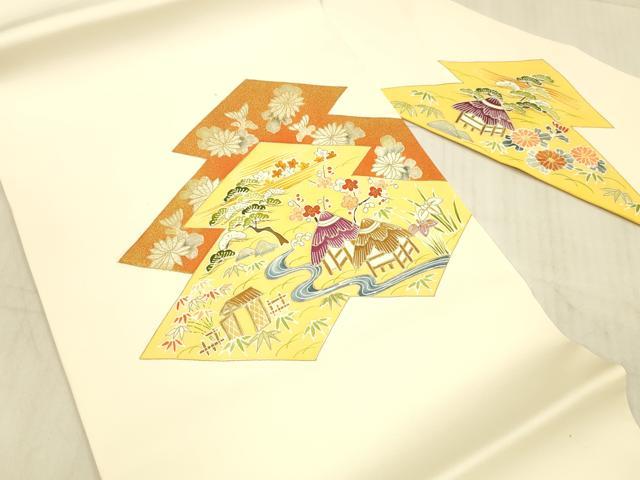 平和屋着物○塩瀬 九寸開き名古屋帯 手描き 風景文 銀糸 金彩 正絹