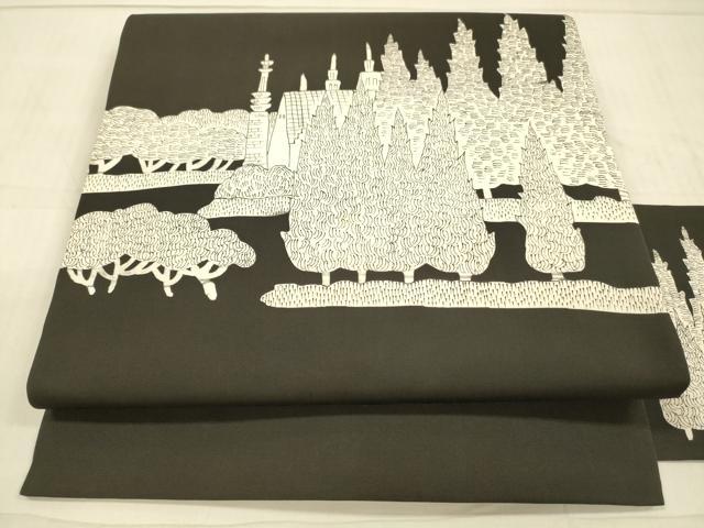 平和屋着物●塩瀬　九寸名古屋帯　風景文　黒地　正絹　逸品　DAAW4279cm