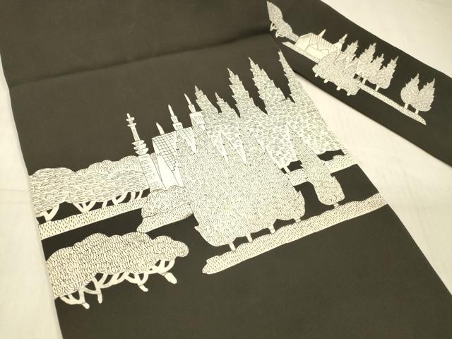 平和屋着物○塩瀬 九寸名古屋帯 風景文 黒地 正絹 逸品 DAAW4279cmの