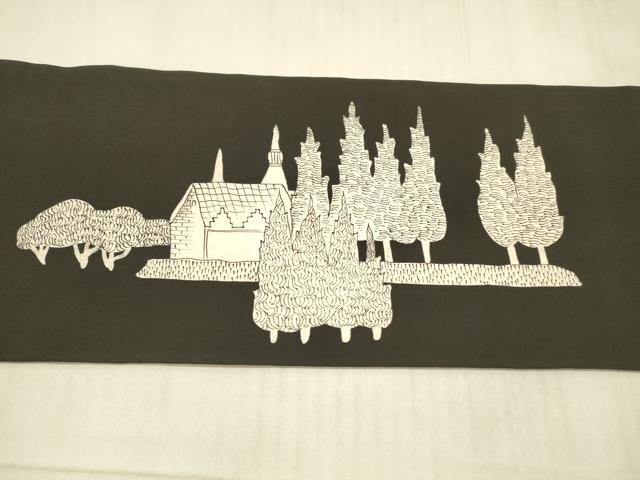 平和屋着物●塩瀬　九寸名古屋帯　風景文　黒地　正絹　逸品　DAAW4279cm 平和屋着物○塩瀬 九寸名古屋帯 風景文 黒地 正絹 逸品 DAAW4279cmの