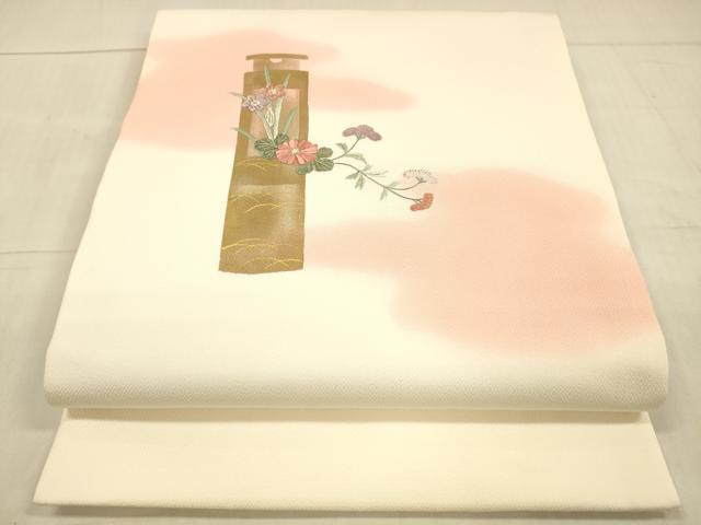 平和屋着物●九寸開き名古屋帯　刺繍　飾花文　金糸　正絹　逸品　DAAW4288cm