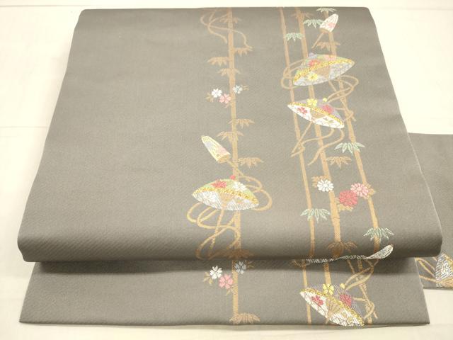 平和屋着物●九寸名古屋帯　笹竹番傘花文　金糸　正絹　逸品　DAAW4296cm