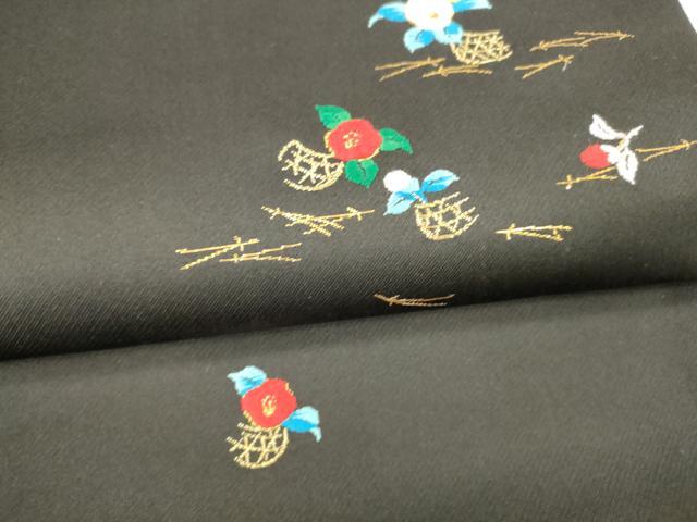 平和屋着物○九寸名古屋帯 唐織 花篭売りの声 黒地 金糸 正絹 逸品