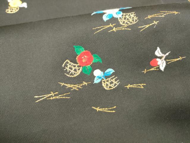 平和屋着物○九寸名古屋帯 唐織 花篭売りの声 黒地 金糸 正絹 逸品