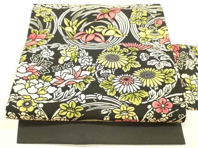 平和屋着物●九寸名古屋帯　型染　草花文　黒地　正絹　逸品　DAAW4325cm