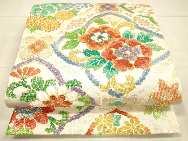 平和屋着物●唐織・西陣の老舗・名門・藤原織物　六通柄袋帯　草花文　金銀糸　正絹　逸品　DAAW4326cm