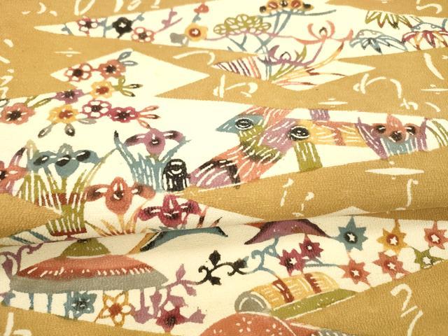 平和屋着物○九寸名古屋帯 型染 紬地 風景草花文 いろは歌