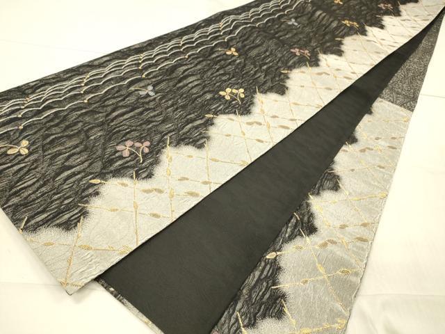 平和屋着物▽六通柄袋帯　スリーシーズン　春夏秋　草葉文　黒地　金糸　正絹　逸品　DAAW4352cm_4