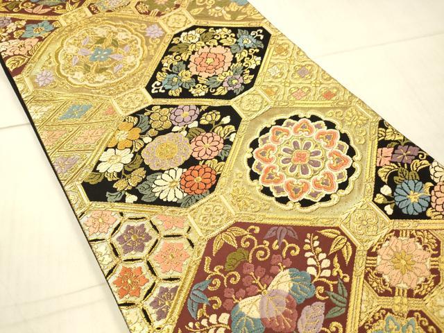 平和屋着物○六通柄袋帯 蜀江草花文 黒地 金糸 正絹 逸品 DAAW4373cm