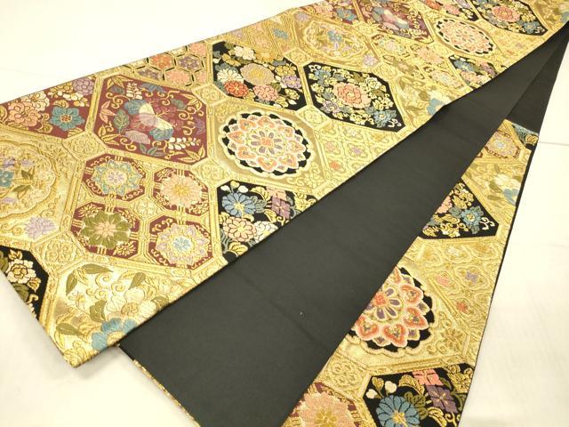 平和屋着物●六通柄袋帯　蜀江草花文　黒地　金糸　正絹　逸品　DAAW4373cm 平和屋着物○六通柄袋帯 蜀江草花文 黒地 金糸 正絹 逸品 DAAW4373cm