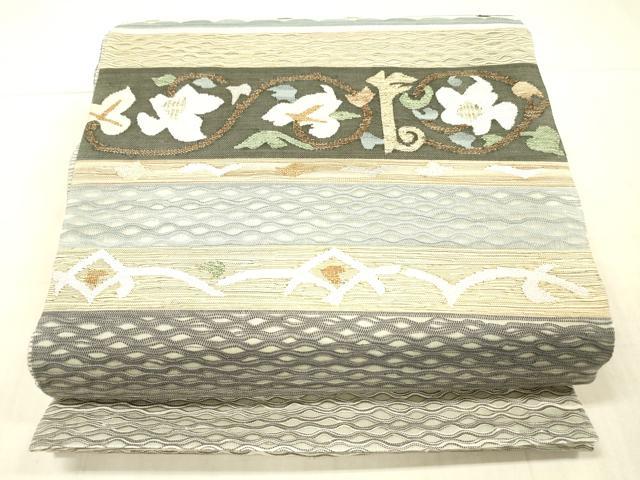 平和屋着物▽九寸名古屋帯　スリーシーズン　春夏秋　すくい織　草花文　金糸　正絹　逸品　DAAW4376cm