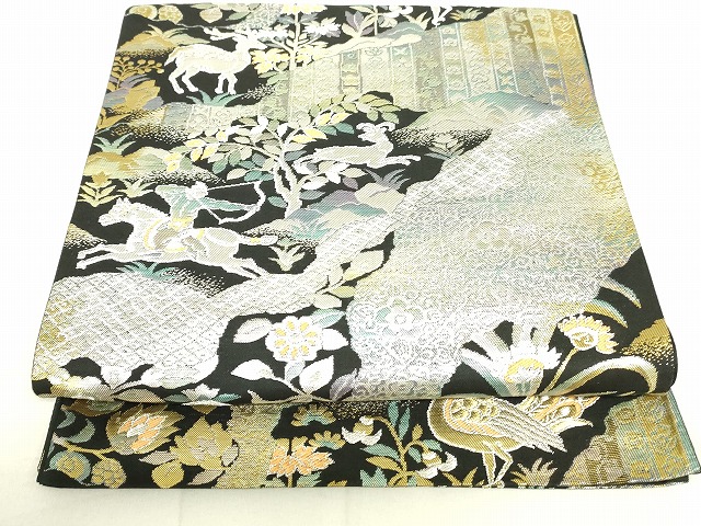 平和屋着物●六通柄袋帯　狩猟孔雀花文　黒地　金銀糸　正絹　逸品　DAAW4436cm