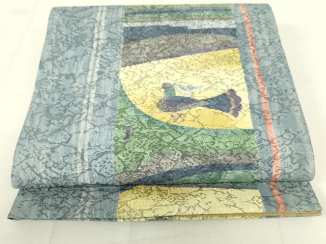 平和屋着物●西陣　老舗　渡文謹製　手織　両面　全通柄袋帯　纐纈　花鳥文　流水文　正絹　逸品　DAAW4437cm