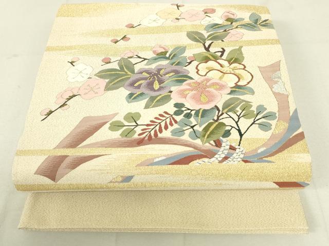 平和屋着物●太鼓柄袋帯　束ね熨斗枝花文　金銀糸　正絹　逸品　DAAW4452cm
