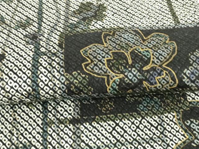 平和屋着物●全通柄袋帯　総絞り　舞花文　黒地　金彩　正絹　逸品　DAAW4482cm 平和屋着物○全通柄袋帯 総絞り 舞花文 黒地 金彩 正絹 逸品