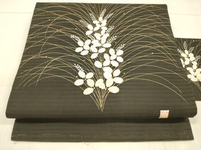 平和屋着物＊夏物　絽塩瀬　九寸名古屋帯　作家物　手描き　草葉文　金銀糸　正絹　逸品　DAAW4499cm