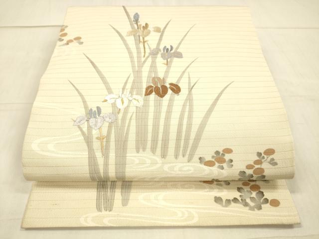 平和屋着物＊夏物　アンティーク　大正ロマン　丸帯　引き抜き帯　刺繍　流水杜若文　金糸　正絹　逸品　DAAW4518cm