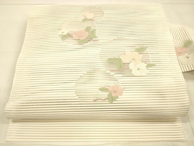 平和屋着物＊夏物　絽綴れ　八寸名古屋帯　枝花文　銀糸　正絹　逸品　DAAW4519cm