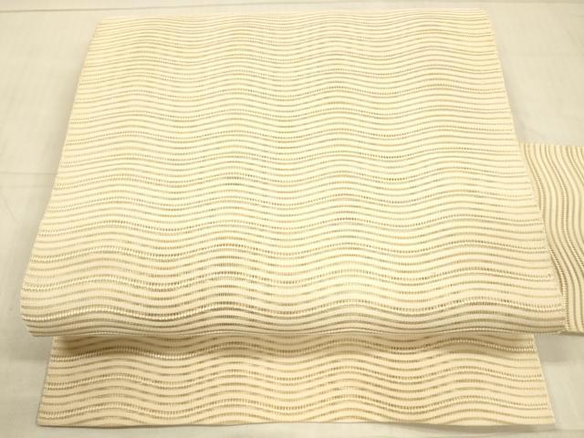 平和屋着物＊夏物　絽綴れ　八寸名古屋帯　よろけ縞　薄卵色　正絹　逸品　DAAW4520cm