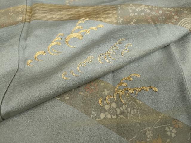 平和屋着物○訪問着 扇草花文 暈し染め 金糸 丹後ちりめん 仮絵羽 正絹