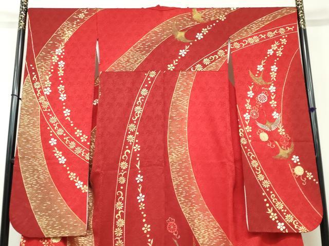 平和屋着物●豪華振袖　刺繍　飛鶴草花文　金彩　正絹　逸品　DAAW5038ud 平和屋着物○豪華振袖 刺繍 飛鶴草花文 金彩 正絹 逸品 DAAW5038ud