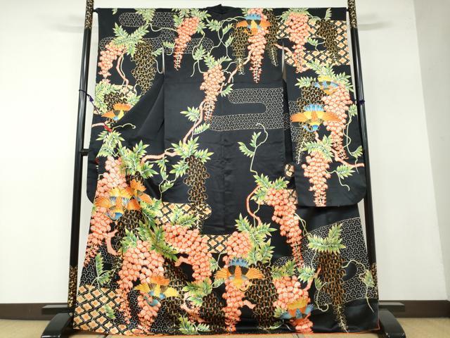 平和屋着物●豪華振袖　駒刺繍　吉祥鳳凰藤文　黒地　金彩　正絹　逸品　DAAW5056ud