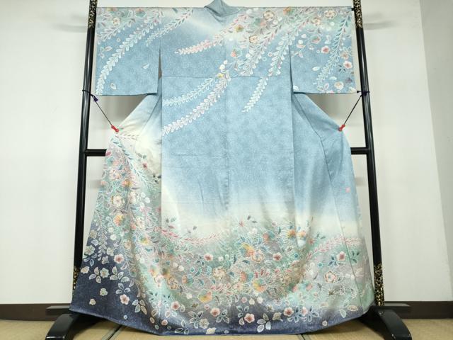 平和屋着物●伯河貞雄　訪問着　絞り　辻が花　暈し染め　銀通し地　正絹　逸品　DAAW5106ud