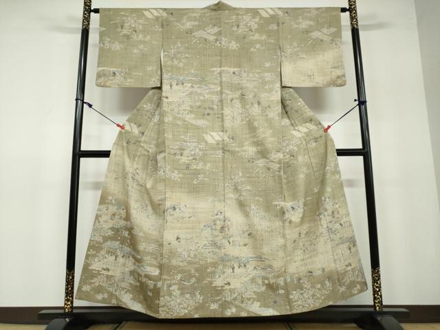 平和屋着物●訪問着　生紬　人物風景草花文　金彩　正絹　逸品　DAAW5134ud