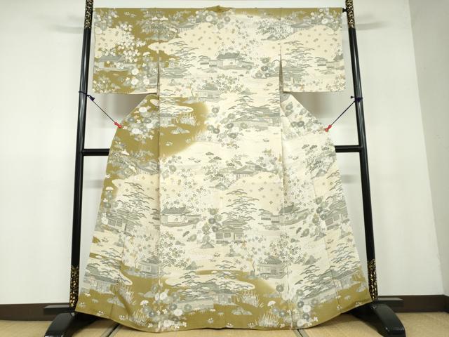 平和屋着物●訪問着　風景草花文　金彩　鬼しぼ縮緬　正絹　逸品　DAAW5139ud
