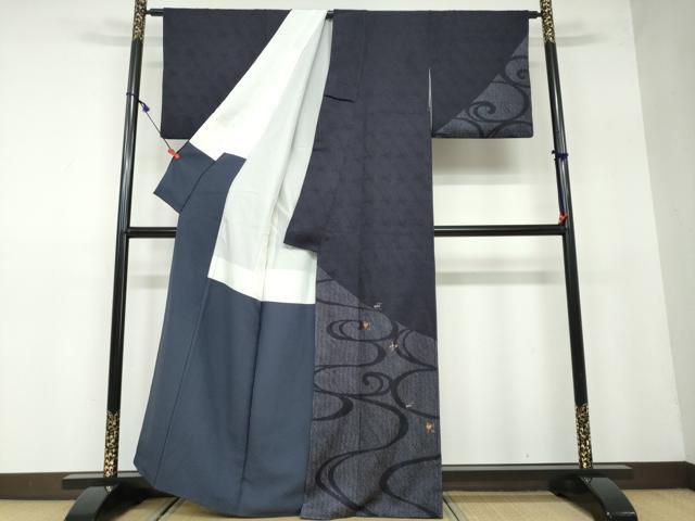 平和屋着物○訪問着 刺繍 絞り 流水草花文 黒地 正絹 逸品 DAAW5771ud