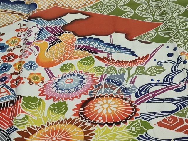 平和屋着物○豪華振袖 型染め 飛鶴風景草花文 正絹 逸品 DAAW5194ud