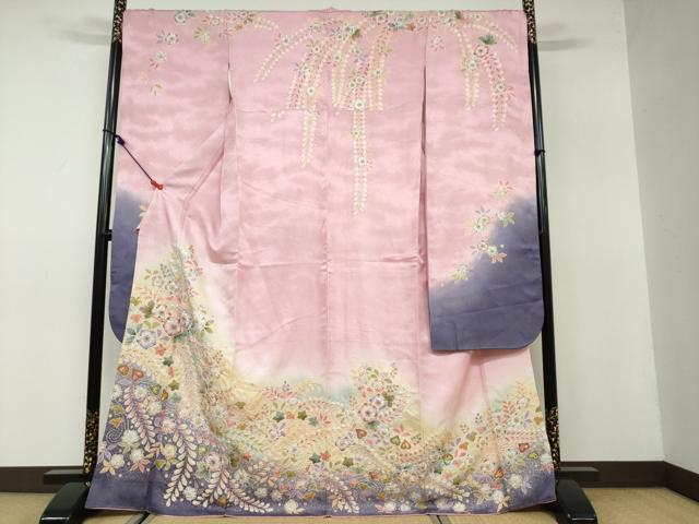 平和屋着物●越後十日町の一流染匠　桐屋　翠山工房　正峰　振袖　絞り　辻が花　銀通し地　京都きもの友禅扱い　正絹　逸品　DAAW5283ud