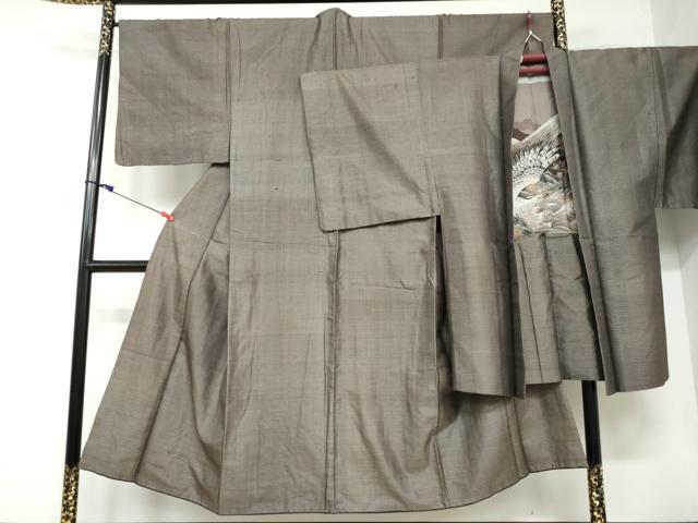 平和屋着物●男性　紬　アンサンブル　長羽織　横段文　正絹　逸品　DAAW5468ud