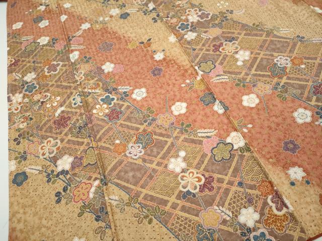 平和屋着物●上質な小紋　格子吉祥草花文　金彩　正絹　逸品　DAAW5486ud