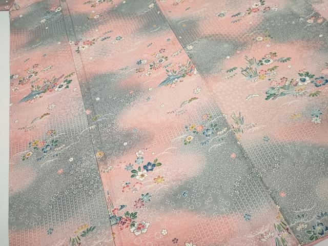 平和屋着物●上質な小紋　松竹梅　流水風景草花文　暈し染め　正絹　逸品　DAAW5487ud