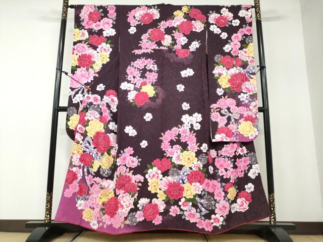 平和屋着物●豪華振袖　草花文　暈し染め　銀通し地　正絹　逸品　DAAW5528ud