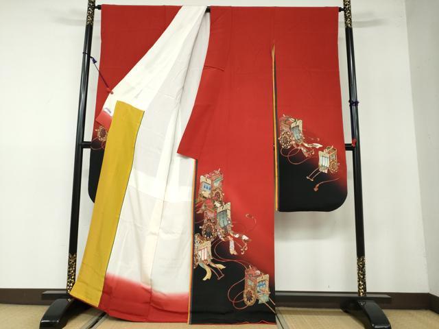 平和屋着物○豪華振袖 幾久重袖 御所車草花文 十二単風 暈し