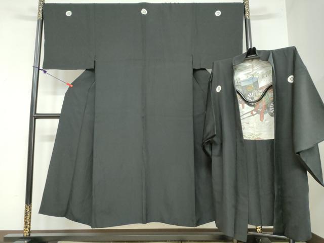 平和屋着物●男性　黒紋付　羽織セット　羽裏・風景御所車　正絹　逸品　DAAW5661ud
