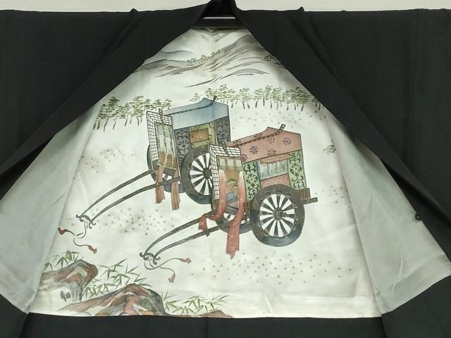平和屋着物○男性 黒紋付 羽織セット 羽裏・風景御所車 正絹 逸品
