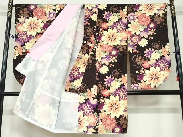 平和屋着物○小振袖 二尺袖 草花文 金彩 洗える着物 DAAW5694ud