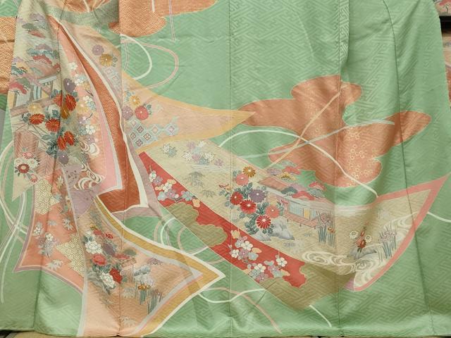 平和屋着物●豪華振袖　駒刺繍　平安草花文　金彩　正絹　逸品　DAAW5741ud 平和屋着物○豪華振袖 駒刺繍 平安草花文 金彩 正絹 逸品 DAAW5741ud